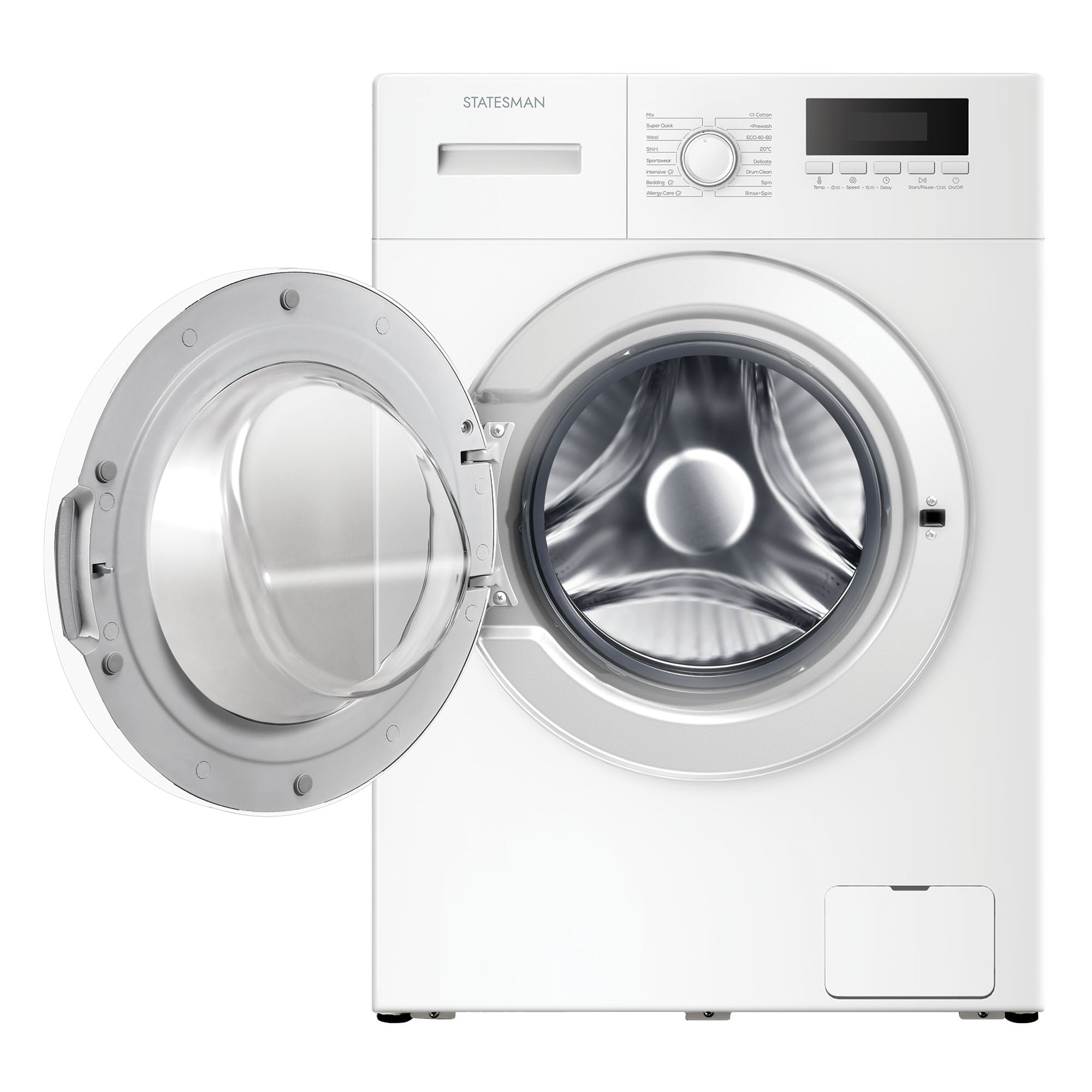 White washing machine with open door on a white background