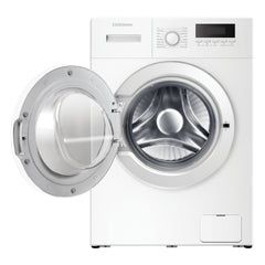 White washing machine with open door on a white background