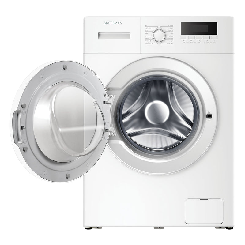 White washing machine with open door on a white background