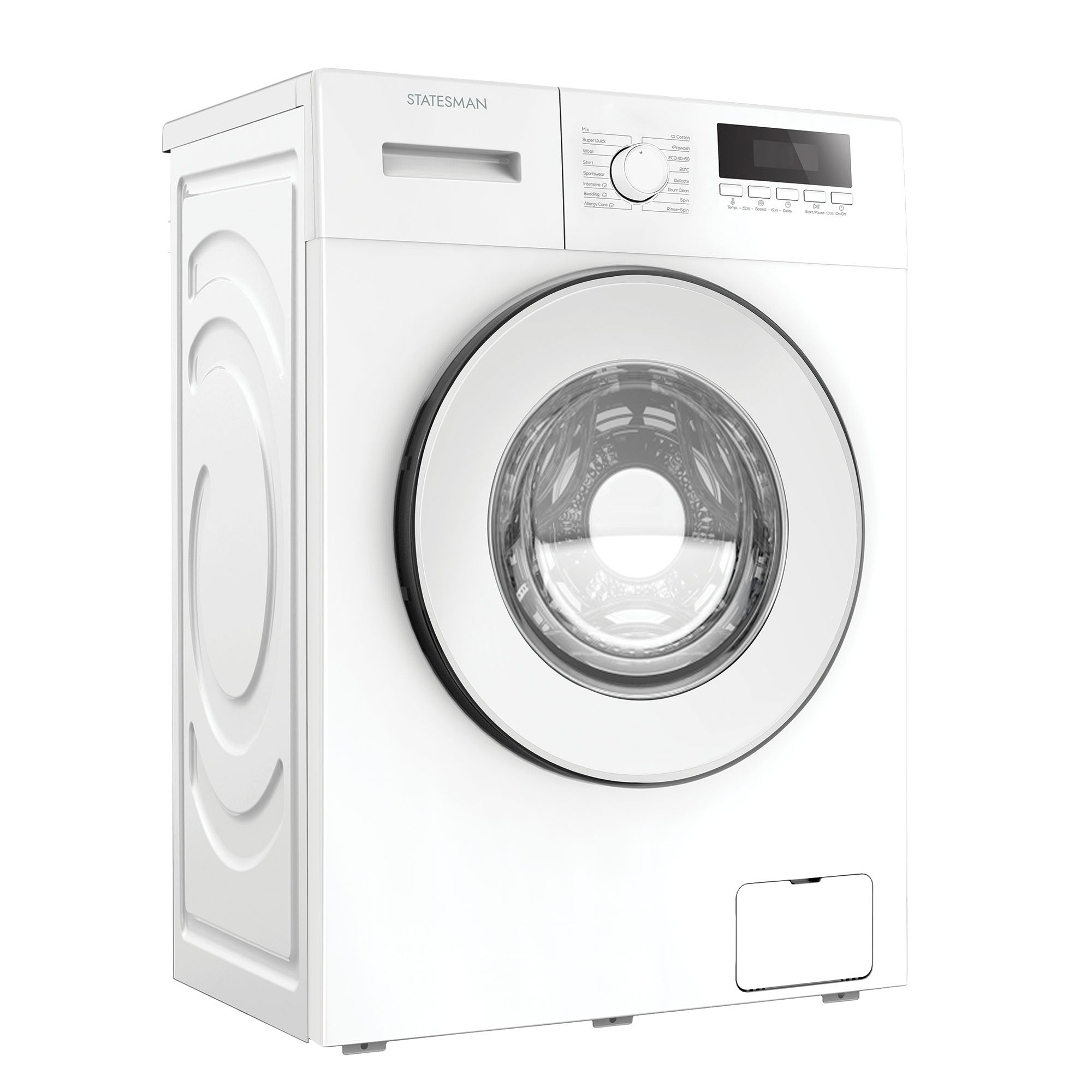 A white Statesman Freestanding Washing Machine (FWM2714W) features a 7kg load, 1400rpm spin, 1850W power, round glass door, control knob and digital display with buttons on the top right panel. The brand name appears above the detergent drawer.