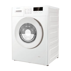 The Statesman Freestanding Washing Machine FWM2714W is a white, 7kg, 1400rpm appliance with a round glass door and top-front control panel. It features energy-efficient performance and the brand name above the detergent drawer. Power: 1850W.