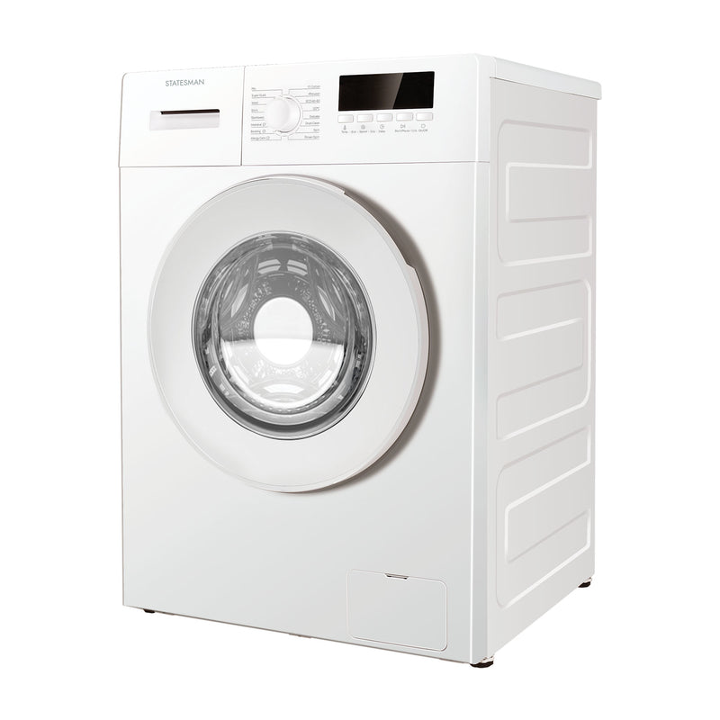 The Statesman Freestanding Washing Machine FWM2714W is a white, 7kg, 1400rpm appliance with a round glass door and top-front control panel. It features energy-efficient performance and the brand name above the detergent drawer. Power: 1850W.