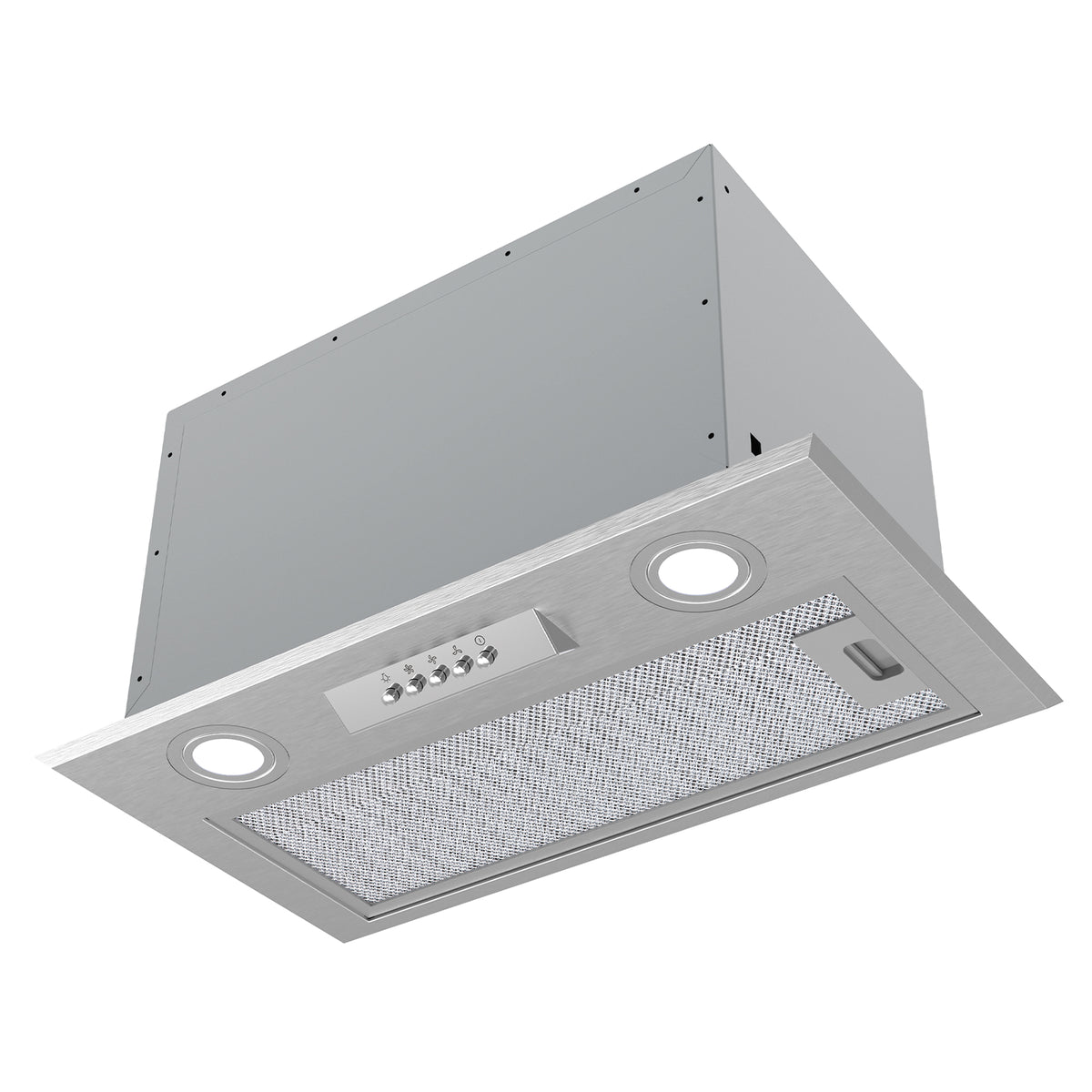 The Statesman 52cm Canopy Extractor Hood, finished in stainless steel, features easy-to-use button controls, a powerful 550m³/h extraction rate, two round LED lights, and a mesh filter. It is shown from below against a white background.