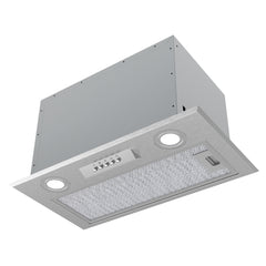The Statesman 52cm Canopy Extractor Hood, finished in stainless steel, features easy-to-use button controls, a powerful 550m³/h extraction rate, two round LED lights, and a mesh filter. It is shown from below against a white background.