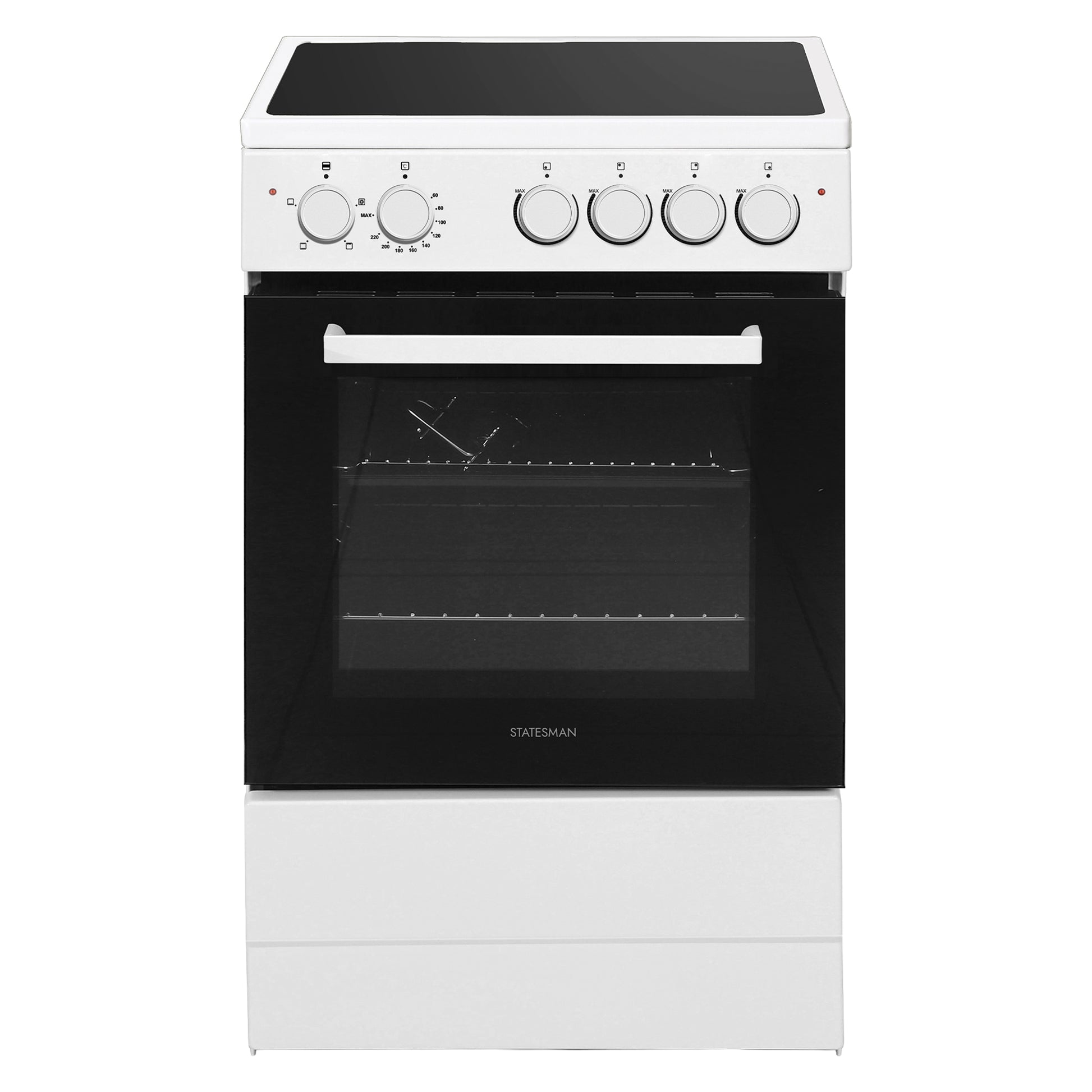 The Statesman Single Cavity Electric Cooker with Ceramic Hob features a sleek white freestanding design, a black glass door, four control knobs on the left and three on the right, a smooth black ceramic hob with four zones, and a spacious 55-litre oven.
