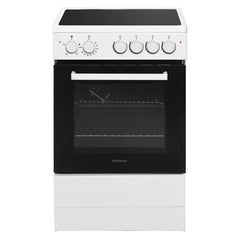 The Statesman Single Cavity Electric Cooker with Ceramic Hob features a sleek white freestanding design, a black glass door, four control knobs on the left and three on the right, a smooth black ceramic hob with four zones, and a spacious 55-litre oven.