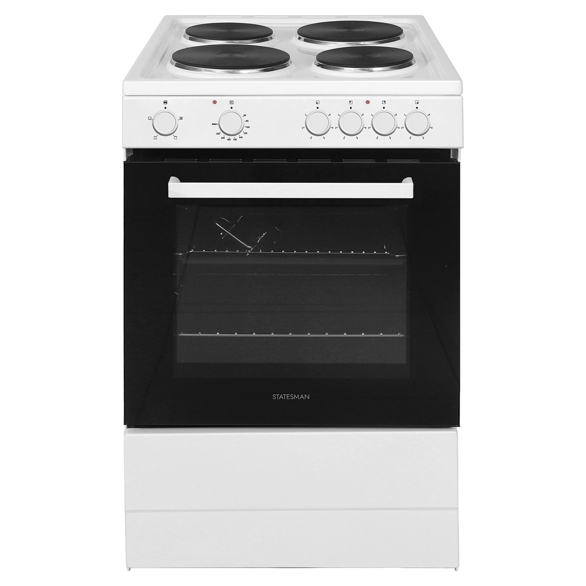 A Statesman Single Cavity Electric Cooker in white, featuring four cooking zones on top, easy-to-use control knobs, and a black oven door with a handle, offers a spacious 61-litre capacity in its 60cm-wide design.