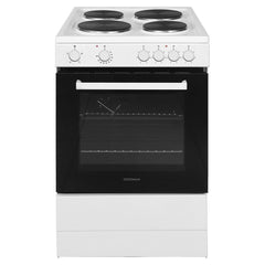 A Statesman Single Cavity Electric Cooker in white, featuring four cooking zones on top, easy-to-use control knobs, and a black oven door with a handle, offers a spacious 61-litre capacity in its 60cm-wide design.