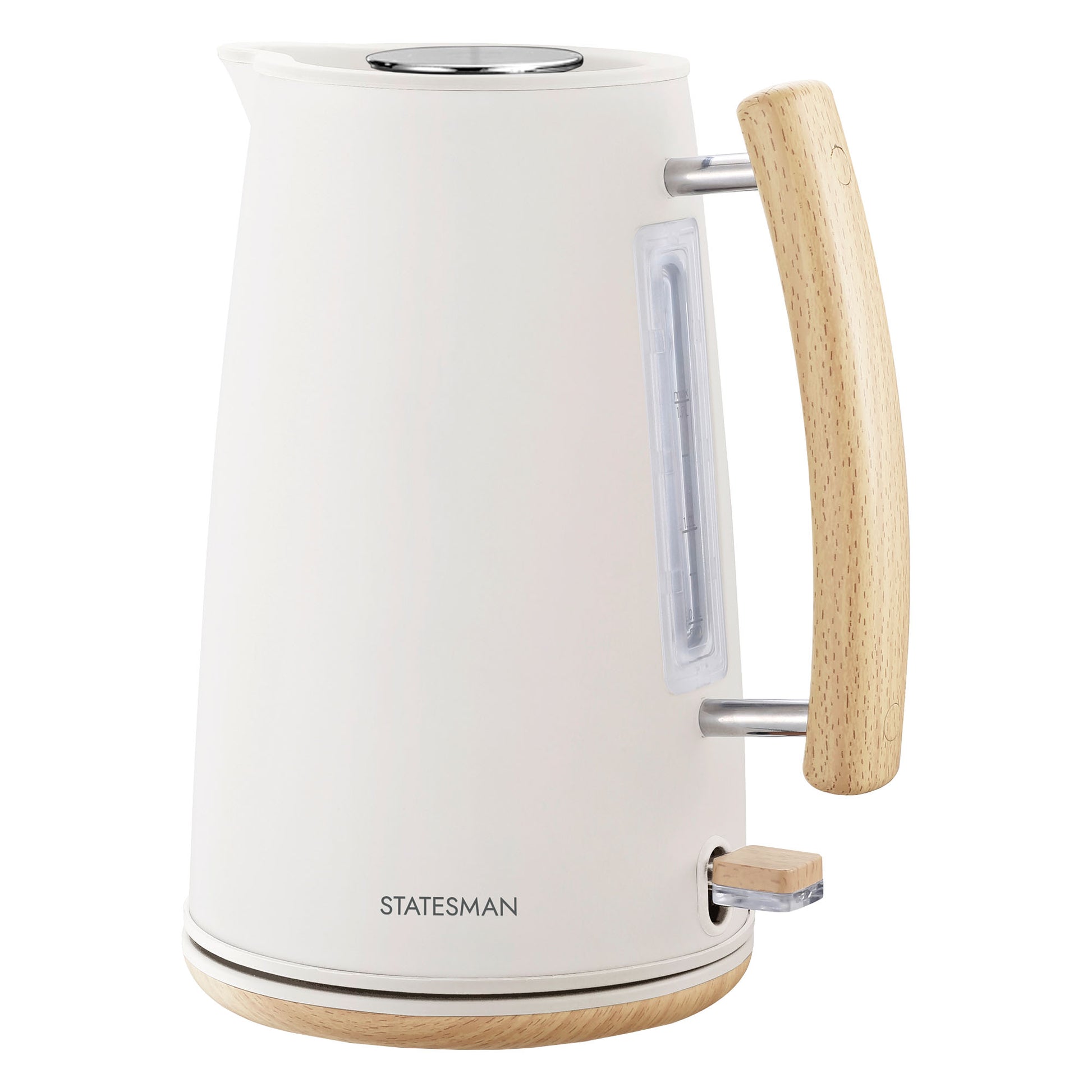 The Statesman Appliances 1.7L Scandi Kettle features a white finish, light wooden handle and base, side water level indicator, cordless base, and the STATESMAN logo near the bottom.