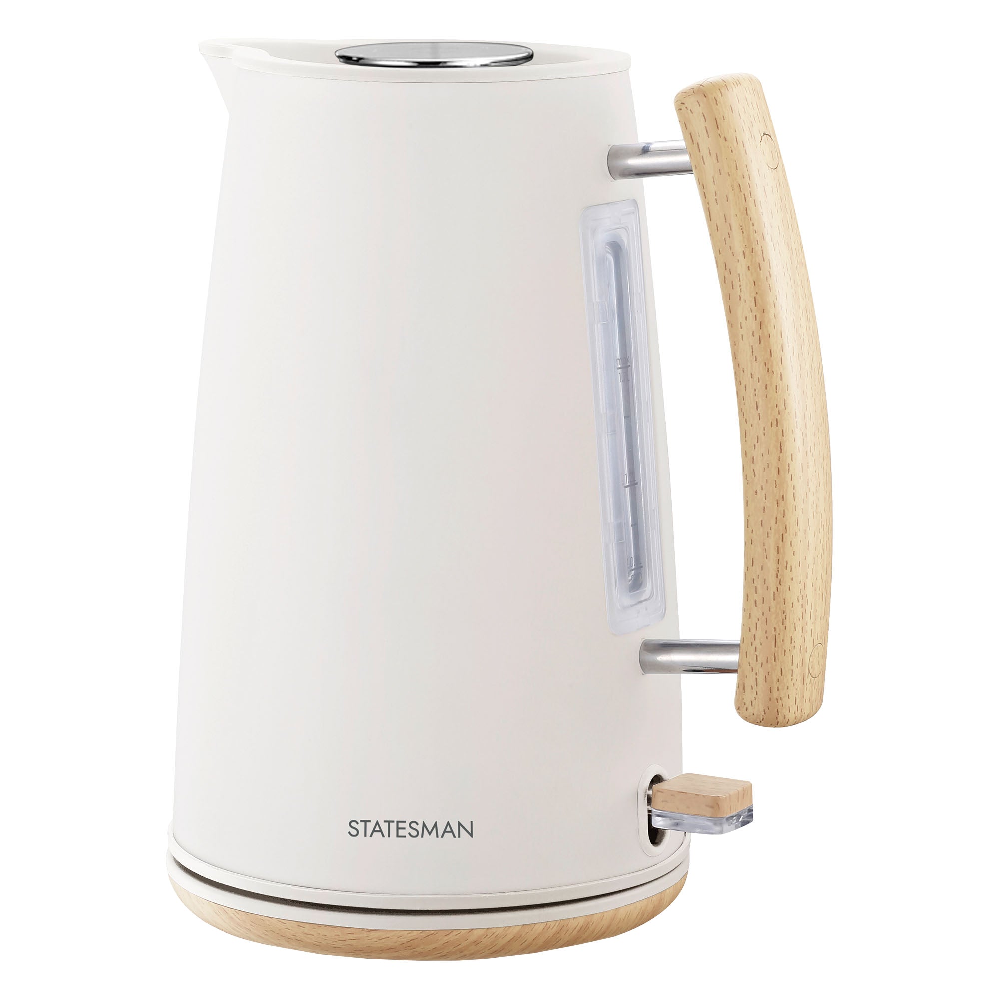 The Statesman Appliances 1.7L Scandi Kettle features a white finish, light wooden handle and base, side water level indicator, cordless base, and the STATESMAN logo near the bottom.