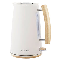 The Statesman Appliances 1.7L Scandi Kettle features a white finish, light wooden handle and base, side water level indicator, cordless base, and the STATESMAN logo near the bottom.