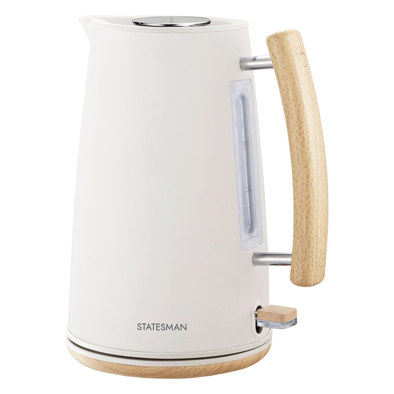 The Statesman Appliances 1.7L Scandi Kettle features a white finish, light wooden handle and base, side water level indicator, cordless base, and the STATESMAN logo near the bottom.