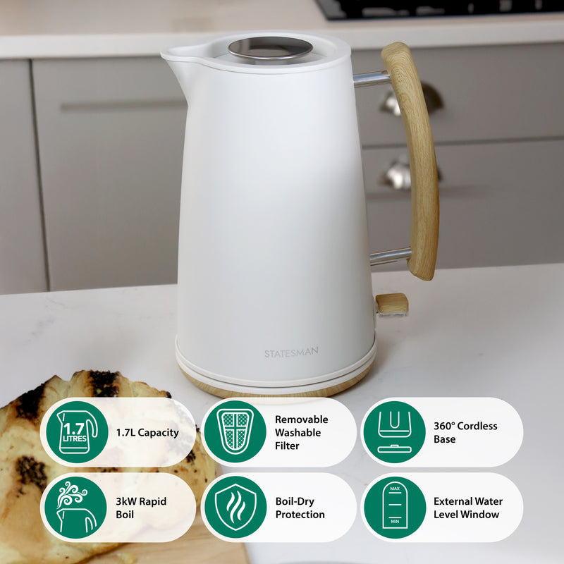 The Statesman Appliances 1.7L Scandi Kettle, in sleek white with a wooden handle, features rapid boil, washable filter, boil-dry protection, 360° cordless base, and a clear water level window—perfect for your kitchen counter.