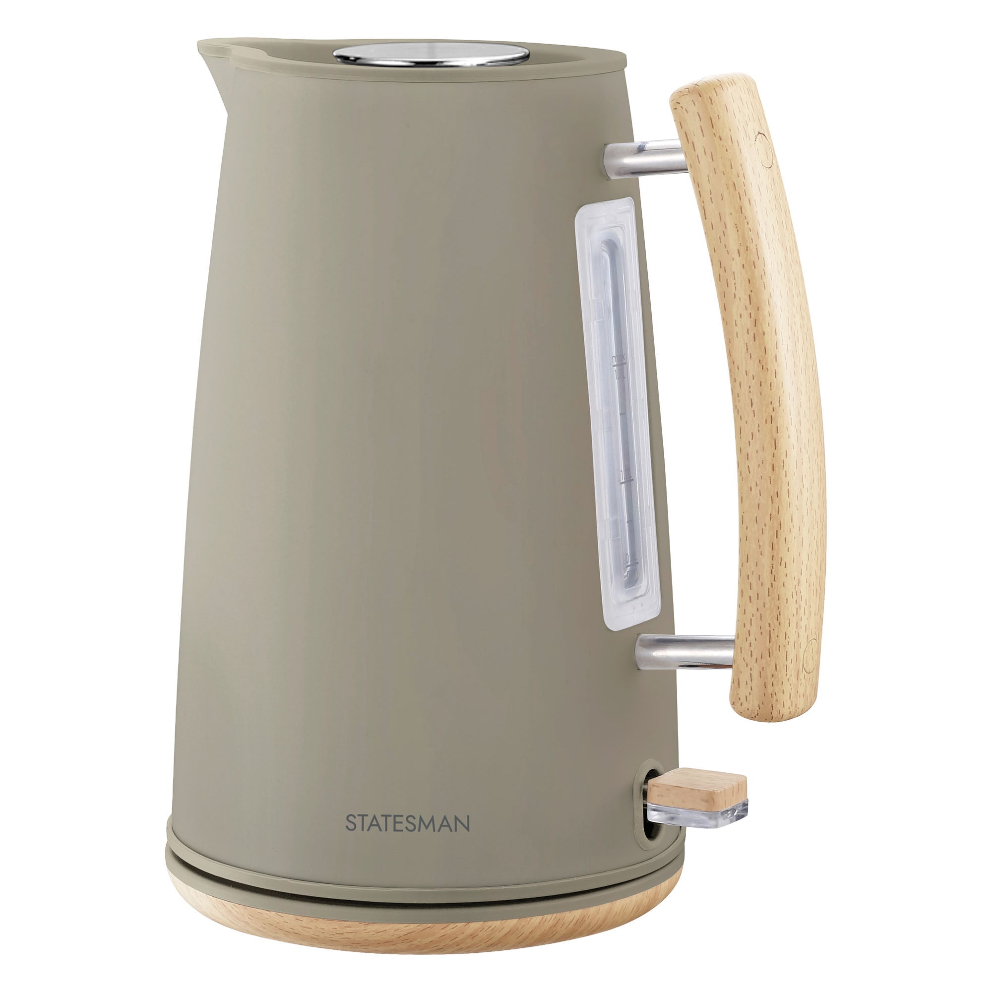 The Statesman Appliances 1.7L Scandi Kettle features a matte taupe finish, wooden handle and base, cordless design, water level indicator, and brand logo near the bottom.