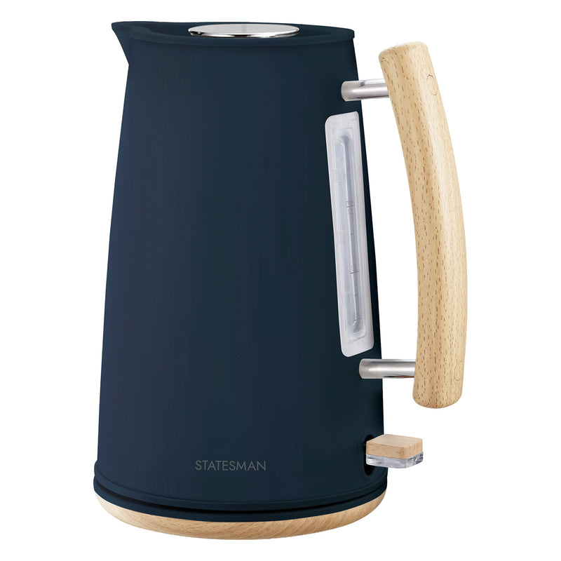 The Statesman Appliances 1.7L Scandi Kettle features a matte black finish with light wood accents, a side water level indicator, 3000W power, cordless base, and the Statesman logo near the bottom.