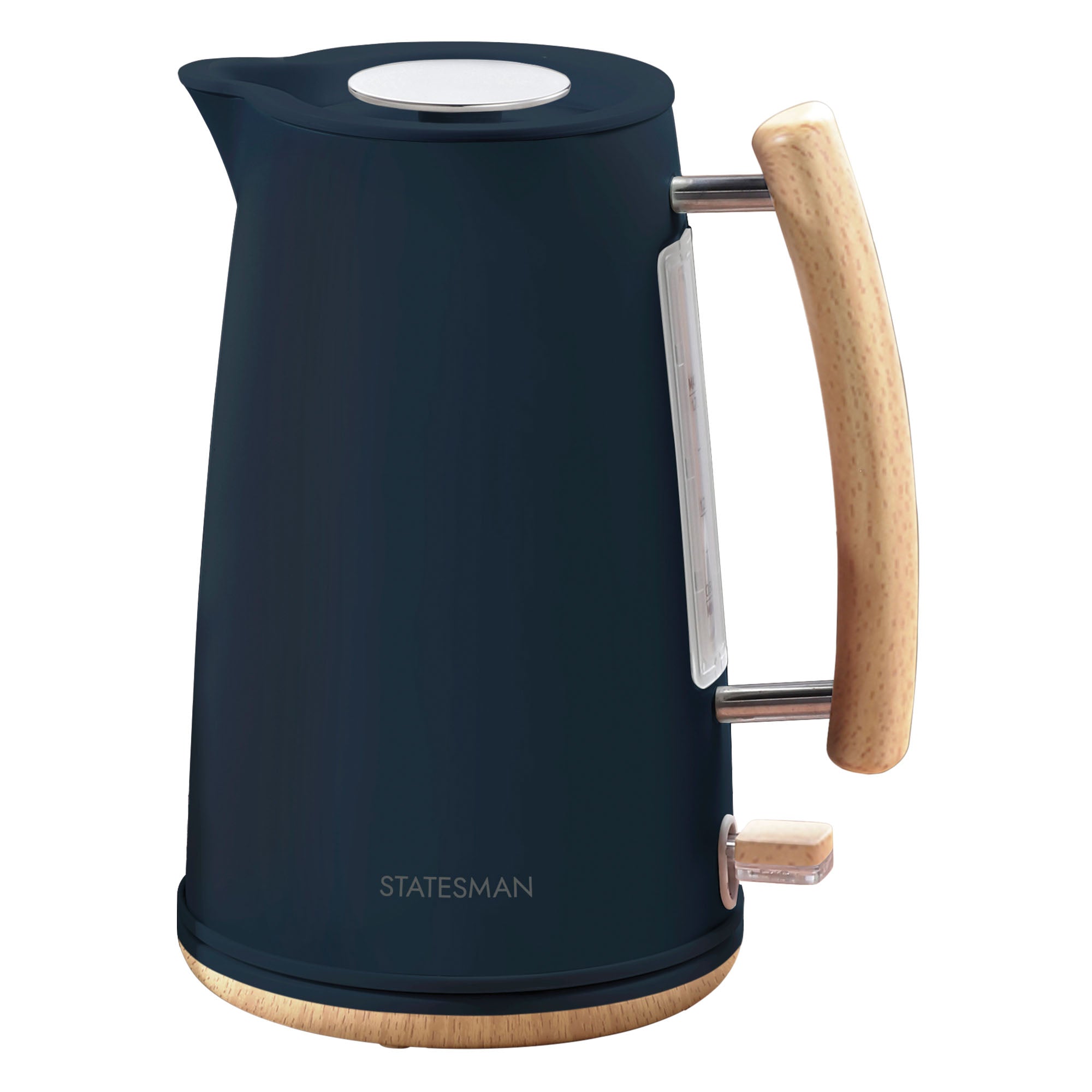 The Statesman 1.7L Scandi Kettle from Statesman Appliances features a matte black finish, light wood-effect handle and base, cordless design, silver lid, side water level indicator, and branded logo near the bottom.