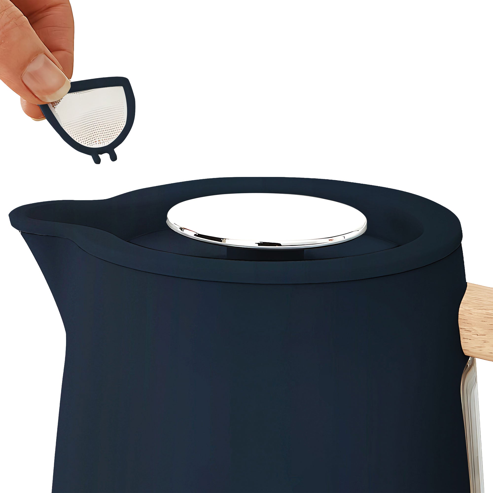 A hand removes a small, semi-circular metal filter from the spout of the Statesman Appliances 1.7L Scandi Kettle, which features a dark finish, wooden handle, metallic lid, and cordless base.