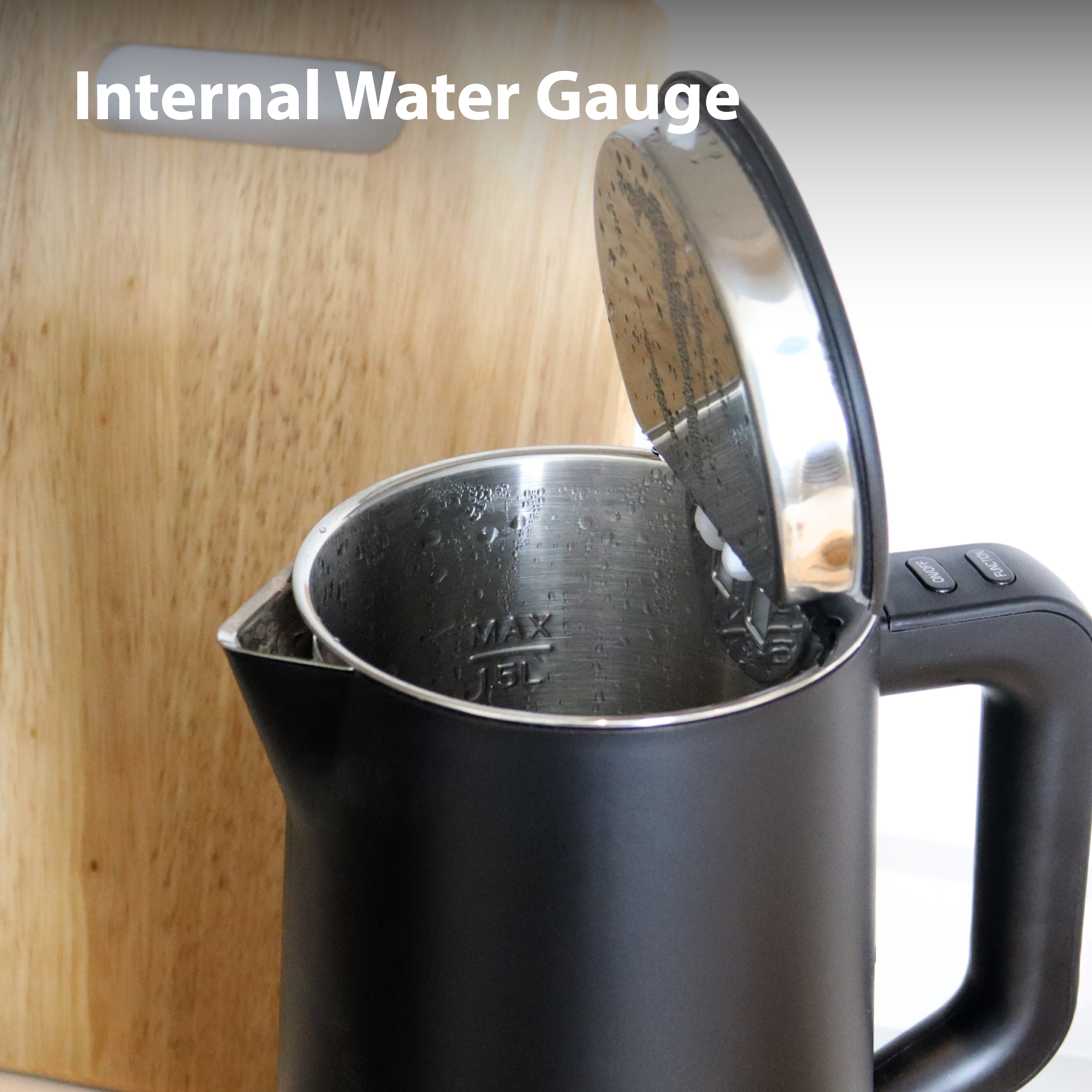 The Statesman 1.5L 1800W Smart Jug Kettle (Black) by Statesman Appliances features an internal water gauge, open lid design, and temperature control for perfect heating. It’s shown on a wooden surface with the text "Internal Water Gauge" above.