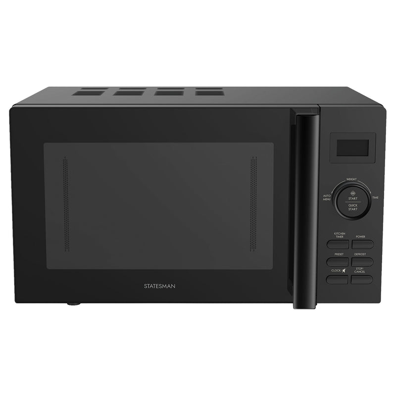 The Statesman Digital Microwave, 20 Litre, 800W, in black features a digital display and side control buttons. Its large window door with vertical handle makes monitoring food easy, while auto cooking programs simplify meal prep.