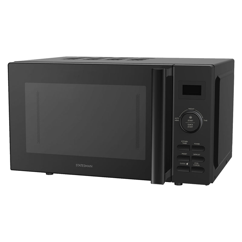 The Statesman Digital Microwave, 20 Litre, 800W in black features a digital display, control knob, buttons on the right, a large window on the door, and a stainless steel cavity with the brand name at the bottom.