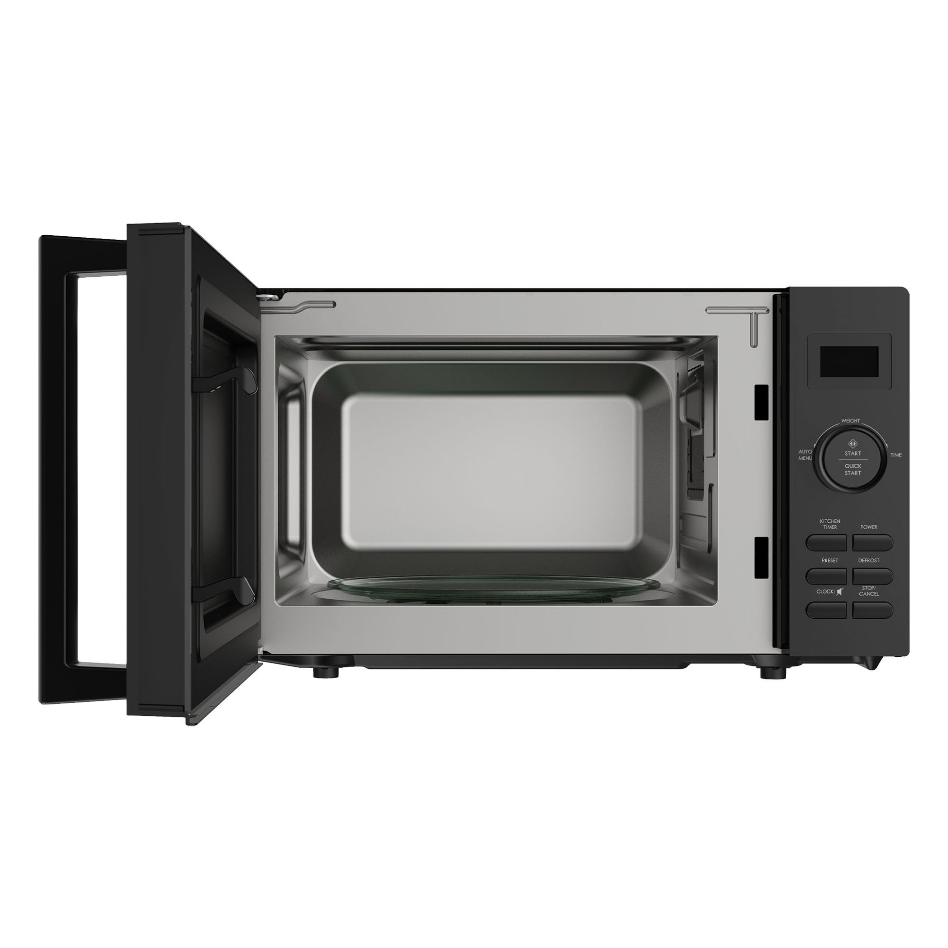 The Statesman Digital Microwave (20 Litre, 800W, Black) is shown with its door open, displaying an empty stainless steel interior and a right-side control panel featuring buttons, auto cooking programs, and a digital display.
