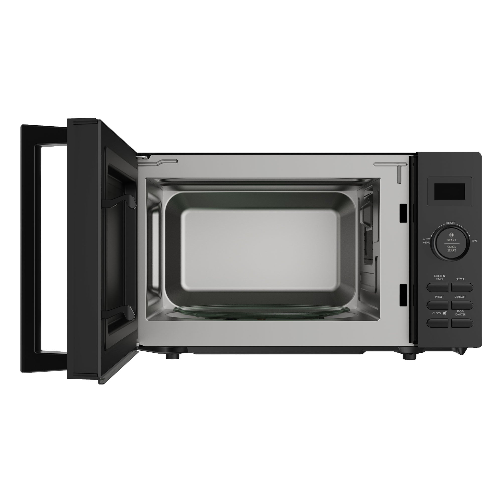 The Statesman Digital Microwave (20 Litre, 800W, Black) is shown with its door open, displaying an empty stainless steel interior and a right-side control panel featuring buttons, auto cooking programs, and a digital display.