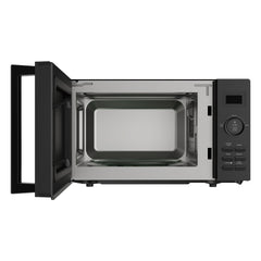 The Statesman Digital Microwave (20 Litre, 800W, Black) is shown with its door open, displaying an empty stainless steel interior and a right-side control panel featuring buttons, auto cooking programs, and a digital display.
