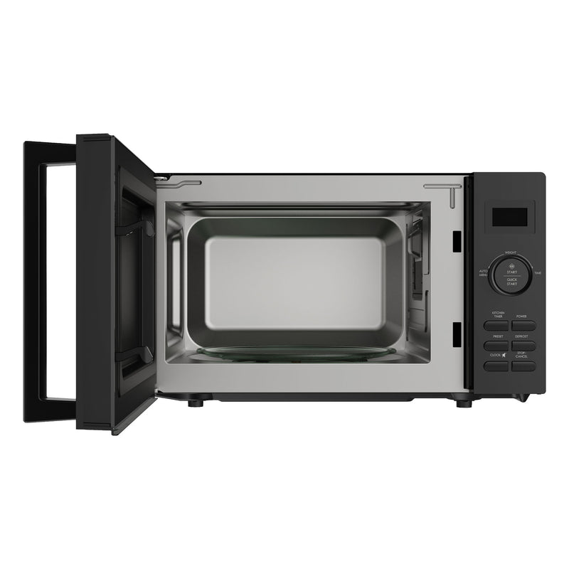 The Statesman Digital Microwave (20 Litre, 800W, Black) is shown with its door open, displaying an empty stainless steel interior and a right-side control panel featuring buttons, auto cooking programs, and a digital display.