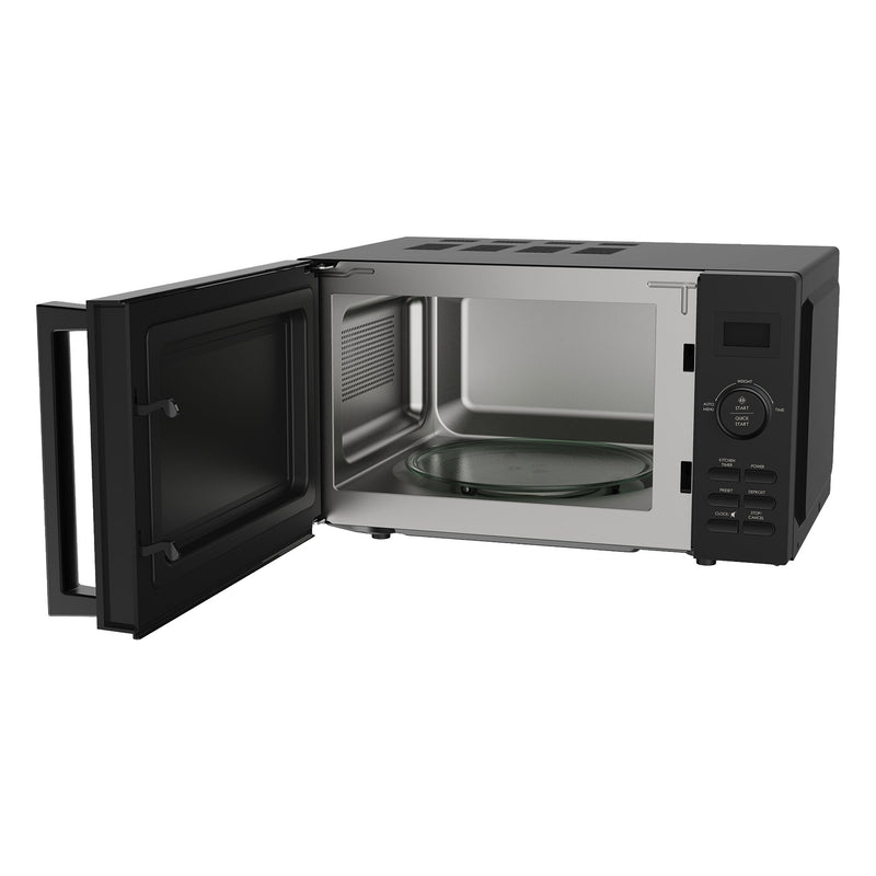 The Statesman Digital Microwave, 20 Litre, 800W, in black, is shown with its door open revealing an empty stainless steel interior and glass turntable. The right-side control panel features buttons, a digital display, and auto cooking programs.