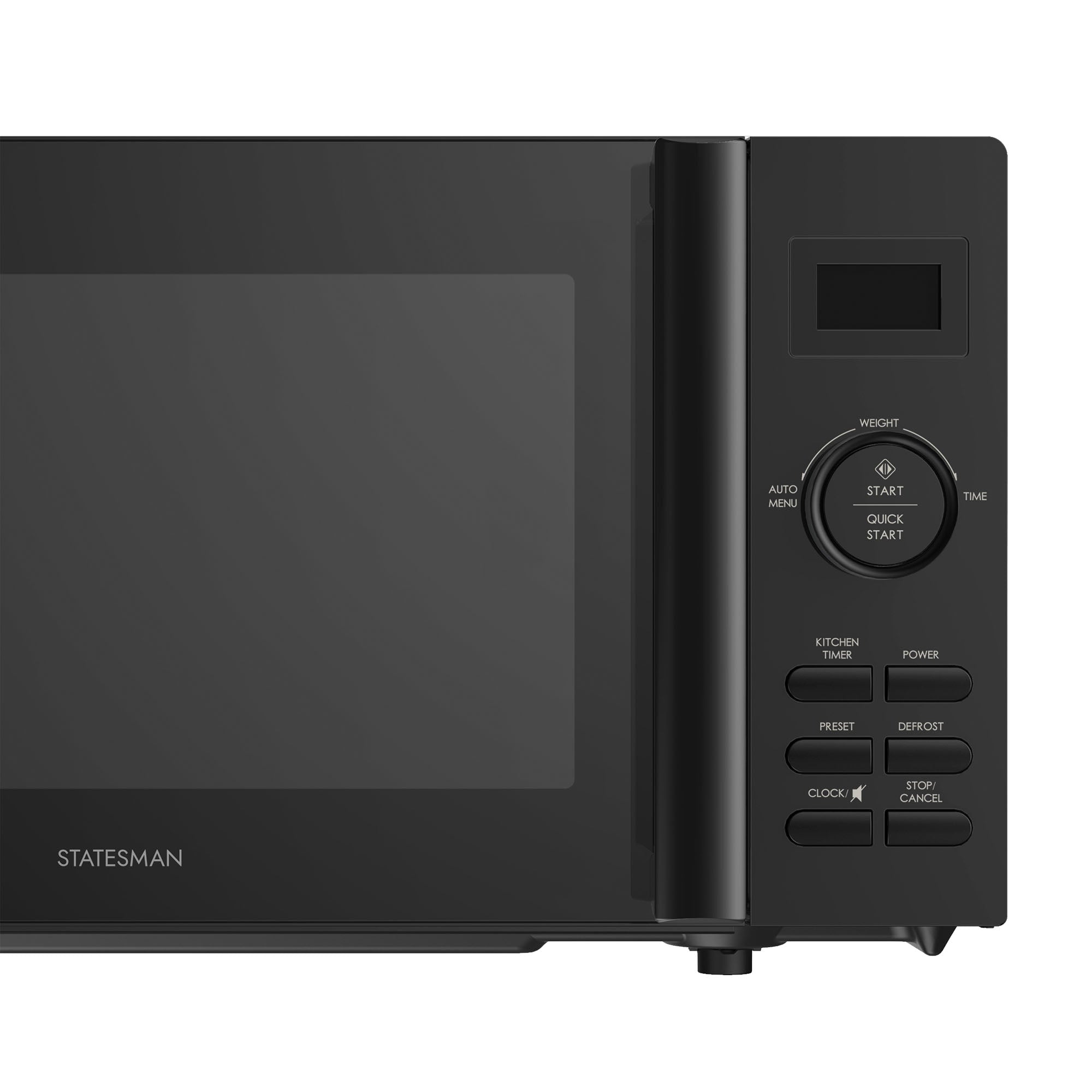 Close-up of the Statesman Digital Microwave, 20 Litre, 800W in black, showing the door and control panel with auto cook programs, power, presets, defrost, clock, and start/stop functions. Brand logo appears on the bottom left.