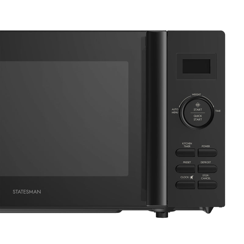 Close-up of the Statesman Digital Microwave, 20 Litre, 800W in black, showing the door and control panel with auto cook programs, power, presets, defrost, clock, and start/stop functions. Brand logo appears on the bottom left.