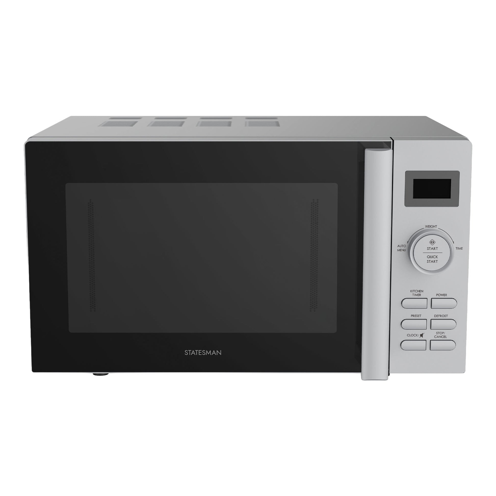 The Statesman Digital Microwave, 20 Litre 800W in silver, features a stainless steel cavity, digital display, and right-side control panel with buttons and dial. Brand logo is visible on the front and it offers convenient auto cooking programs.