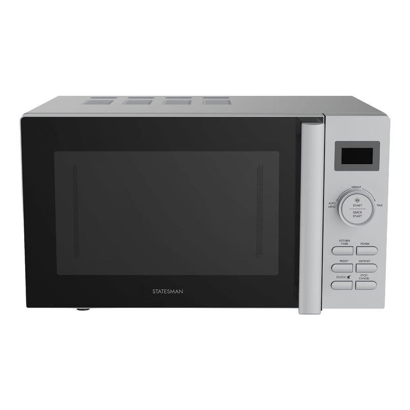 The Statesman Digital Microwave, 20 Litre 800W in silver, features a stainless steel cavity, digital display, and right-side control panel with buttons and dial. Brand logo is visible on the front and it offers convenient auto cooking programs.