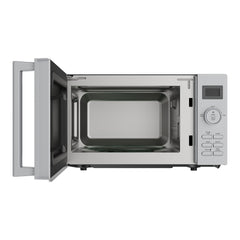 The Statesman Digital Microwave, 20 Litre 800W in Silver, features a stainless steel cavity, user-friendly right-side control panel with buttons and display, and handy auto cooking programs. Door open shows the spacious interior.