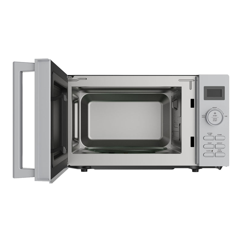 The Statesman Digital Microwave, 20 Litre 800W in Silver, features a stainless steel cavity, user-friendly right-side control panel with buttons and display, and handy auto cooking programs. Door open shows the spacious interior.