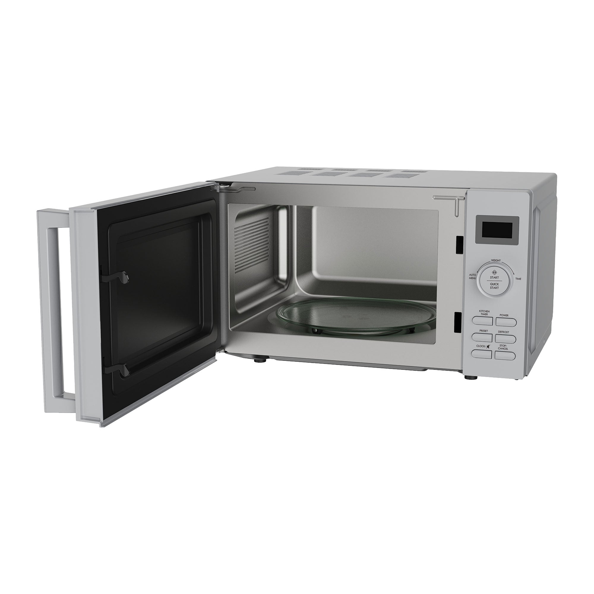 The Statesman Digital Microwave, 20 Litre 800W in Silver, features a stainless steel cavity, glass turntable, and a digital control panel with side buttons, plus convenient auto cooking programs.