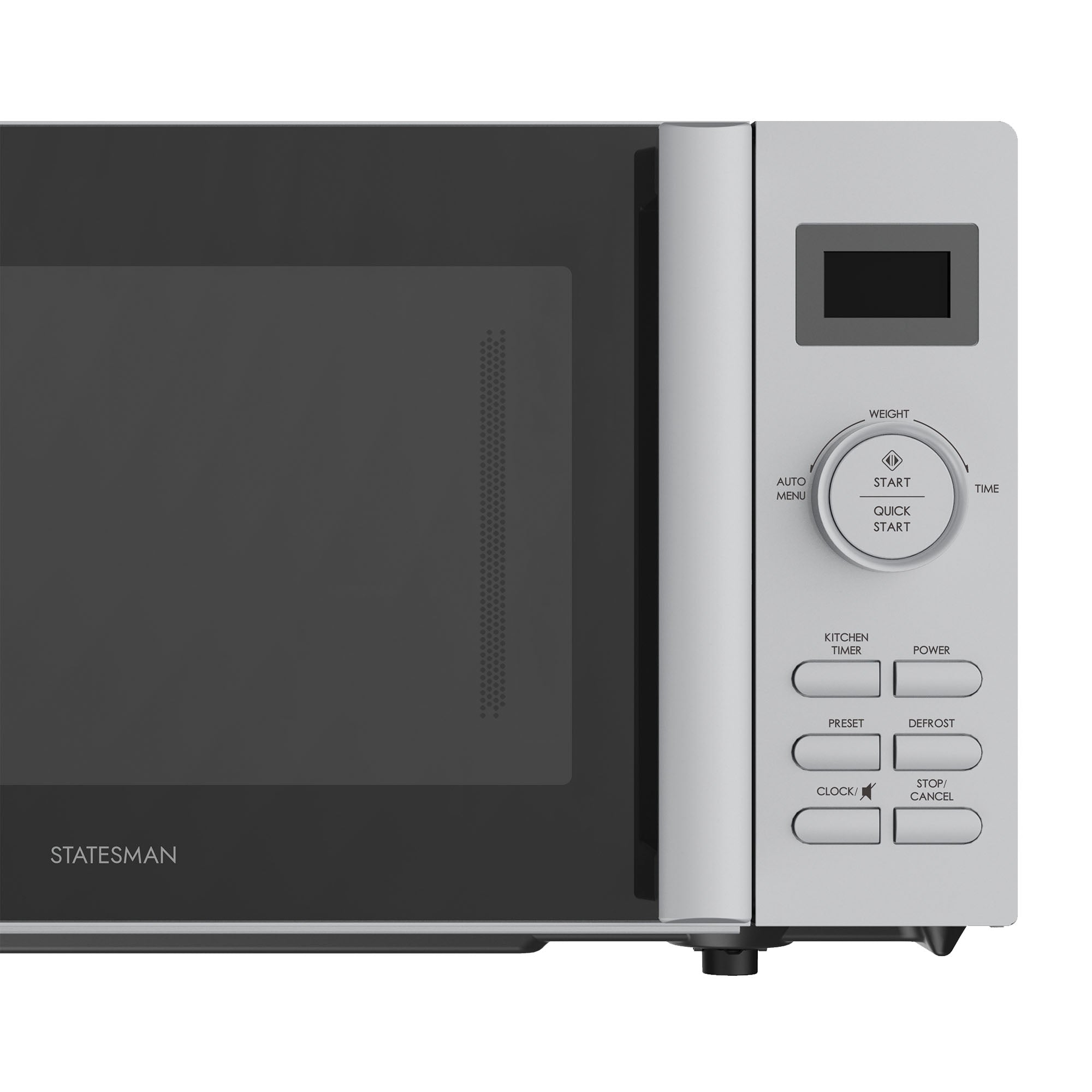 A close-up of the Statesman Digital Microwave, 20 Litre 800W Silver control panel shows a digital display, auto cooking programs, and buttons for power, defrost, clock, start, and stop/cancel beside the door with a stainless steel cavity.