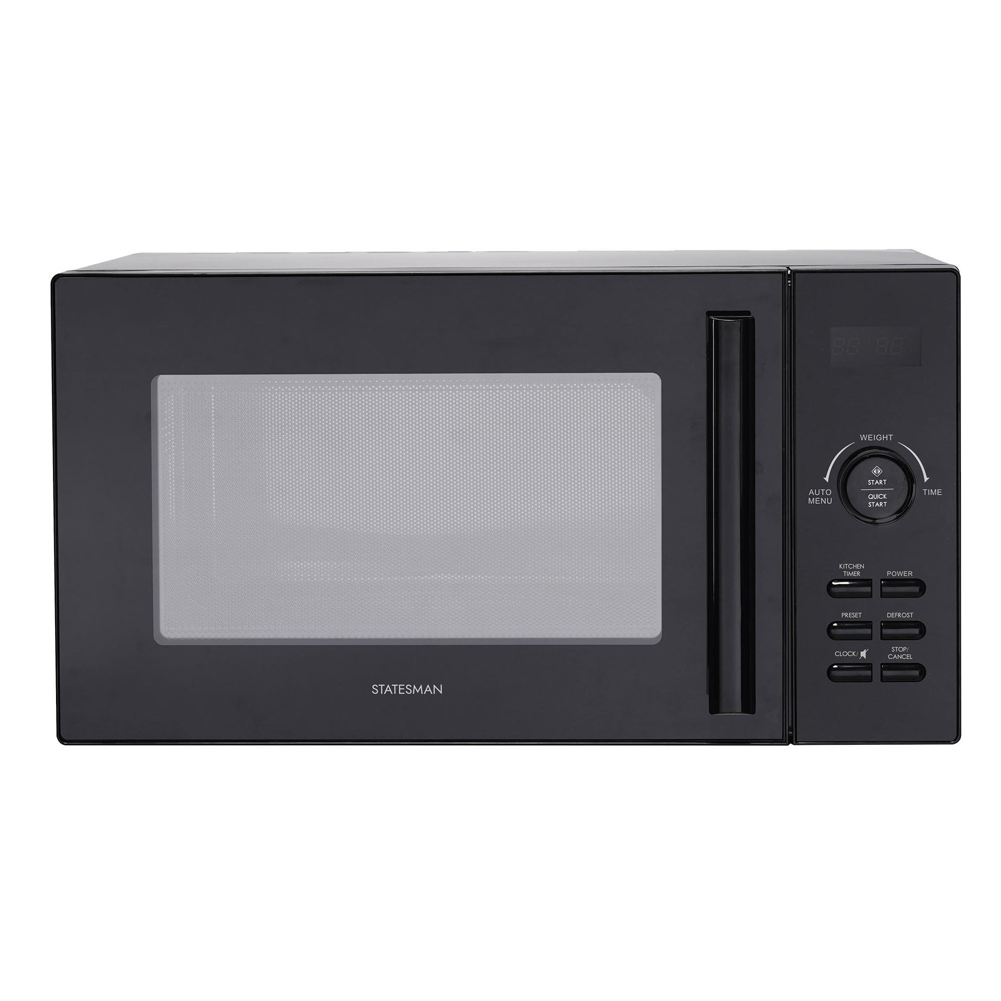 The Statesman Digital Microwave, 23 Litre 900W in black, features a digital display, buttons and dial on the right, plus a large window door with vertical handle and brand logo below the window.