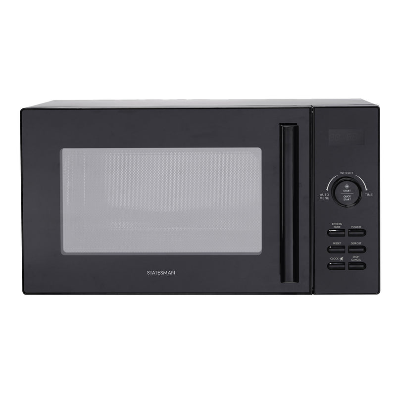 The Statesman Digital Microwave, 23 Litre 900W in black, features a digital display, buttons and dial on the right, plus a large window door with vertical handle and brand logo below the window.