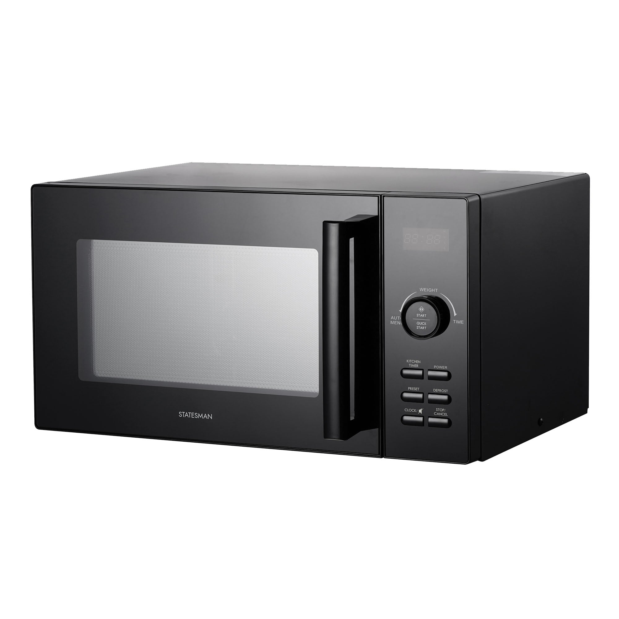 The Statesman Digital Microwave, 23 Litre 900W in black, offers a digital display, control buttons, and right-side handle. Its modern design makes this countertop microwave a stylish fit for any kitchen.