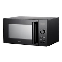 The Statesman Digital Microwave, 23 Litre 900W in black, offers a digital display, control buttons, and right-side handle. Its modern design makes this countertop microwave a stylish fit for any kitchen.