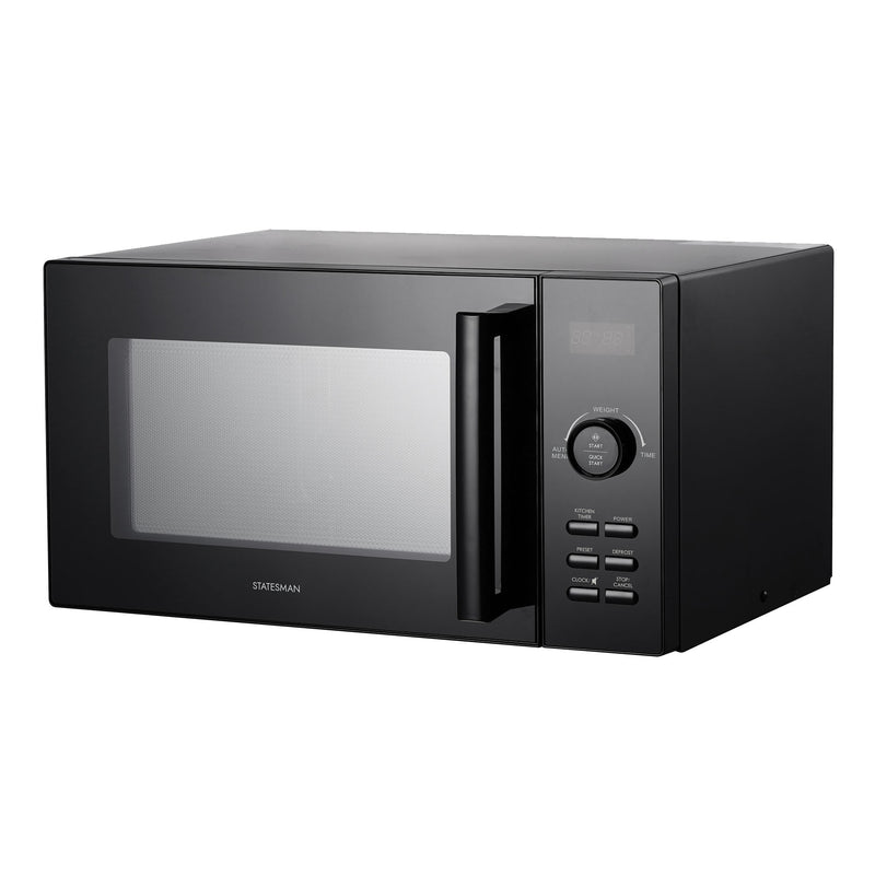 The Statesman Digital Microwave, 23 Litre 900W in black, offers a digital display, control buttons, and right-side handle. Its modern design makes this countertop microwave a stylish fit for any kitchen.