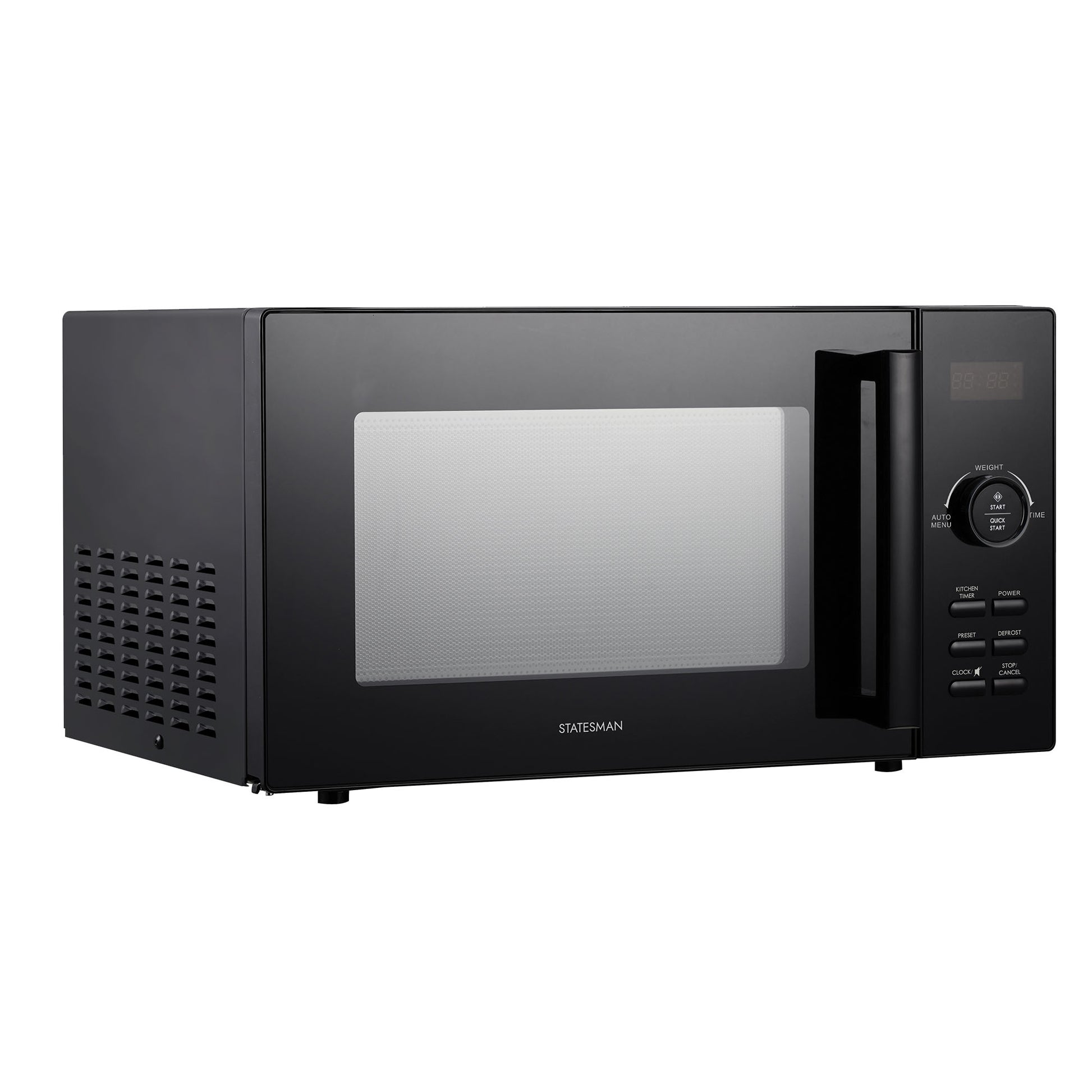 A black Statesman Digital Microwave (23L, 900W) features a digital control panel with buttons, a large right-side handle, and a transparent front window. The Statesman brand name is displayed below the window.