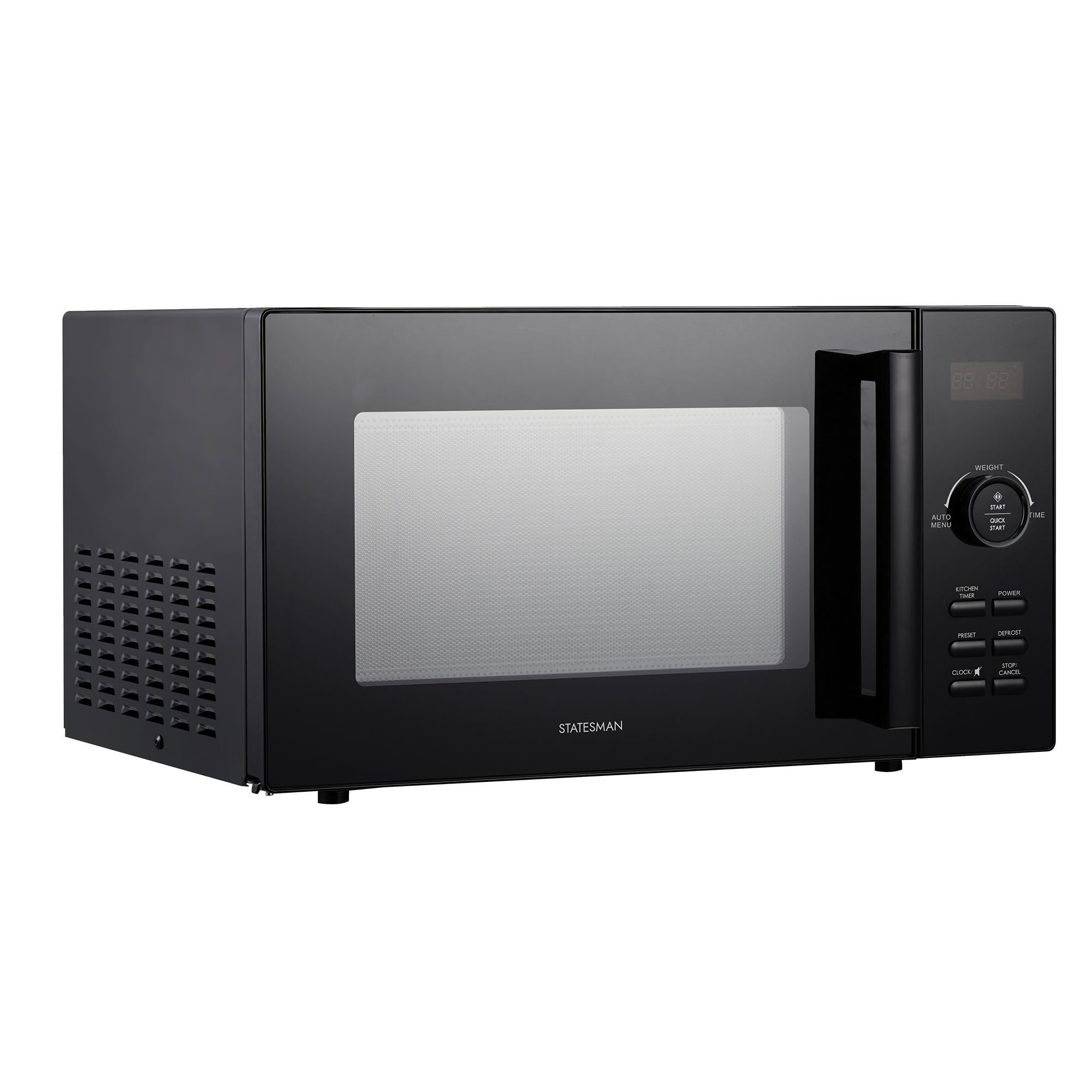 A black Statesman Digital Microwave (23L, 900W) features a digital control panel with buttons, a large right-side handle, and a transparent front window. The Statesman brand name is displayed below the window.