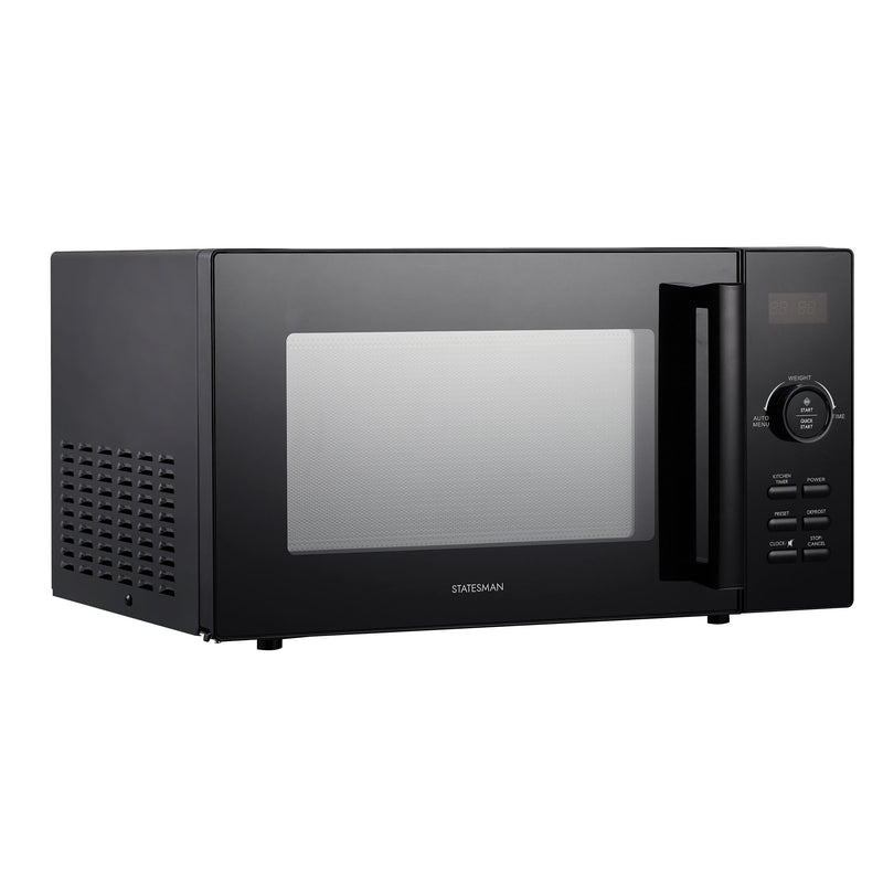 A black Statesman Digital Microwave (23L, 900W) features a digital control panel with buttons, a large right-side handle, and a transparent front window. The Statesman brand name is displayed below the window.