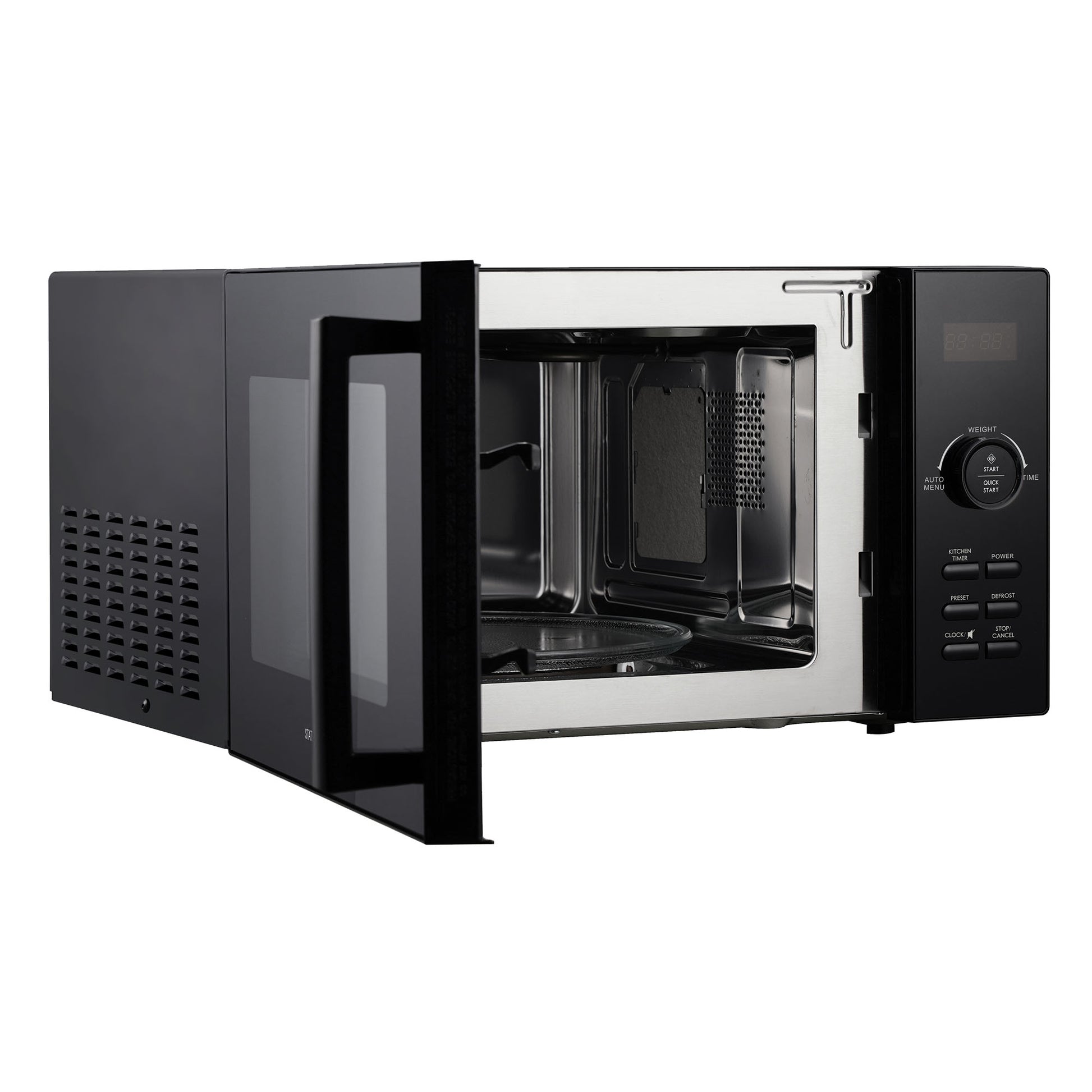 The Statesman Digital Microwave, 23 Litre 900W in black and stainless steel, is shown with its door open to reveal the empty interior and glass turntable. It features a digital solo control panel with side buttons and display.