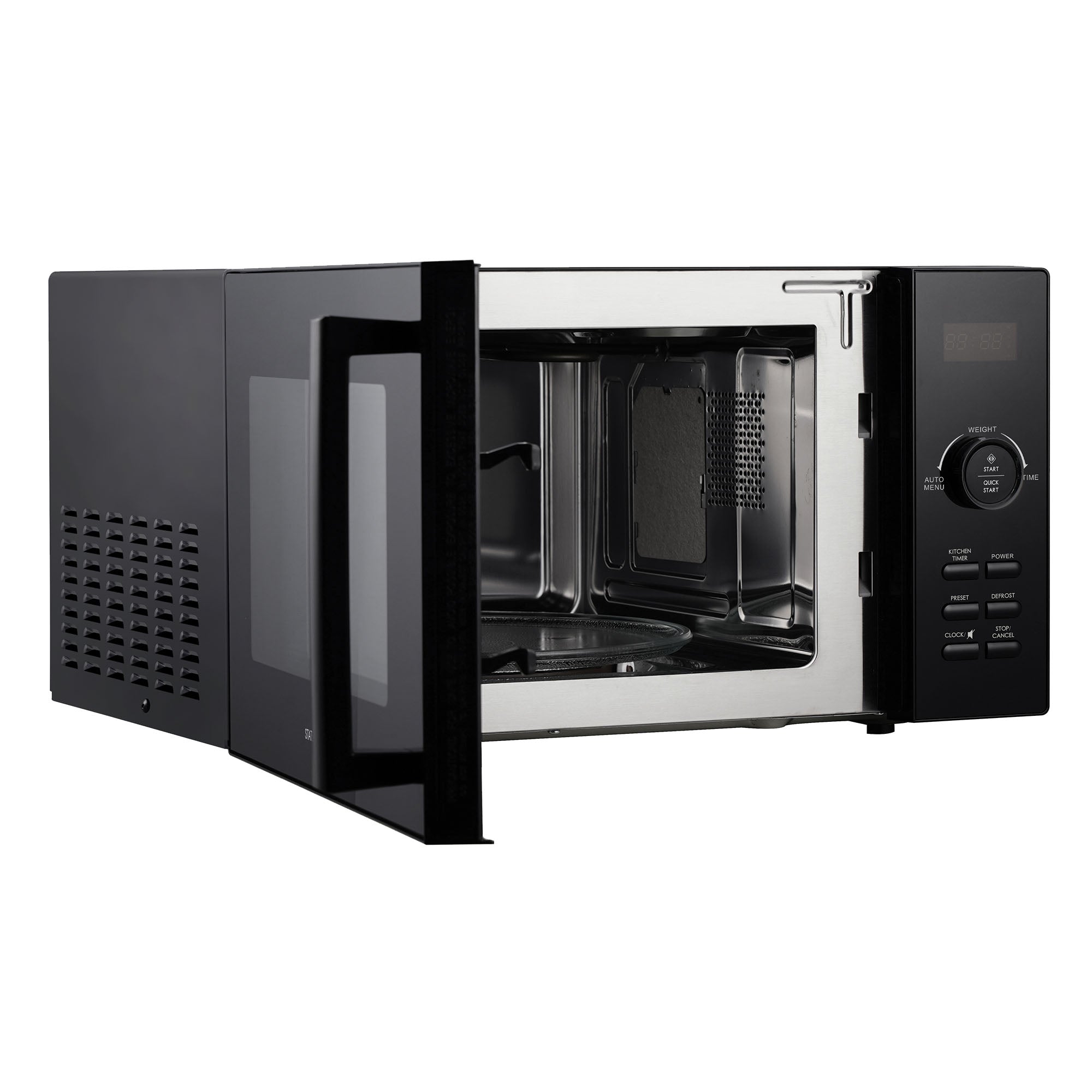 The Statesman Digital Microwave, 23 Litre 900W in black and stainless steel, is shown with its door open to reveal the empty interior and glass turntable. It features a digital solo control panel with side buttons and display.