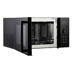 The Statesman Digital Microwave, 23 Litre 900W in black and stainless steel, is shown with its door open to reveal the empty interior and glass turntable. It features a digital solo control panel with side buttons and display.