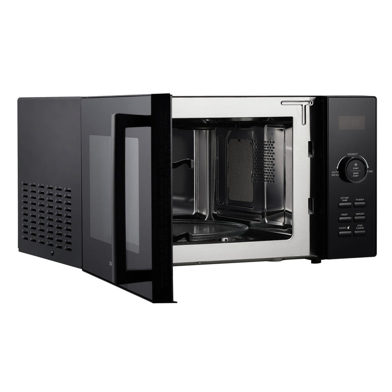 The Statesman Digital Microwave, 23 Litre 900W in black and stainless steel, is shown with its door open to reveal the empty interior and glass turntable. It features a digital solo control panel with side buttons and display.