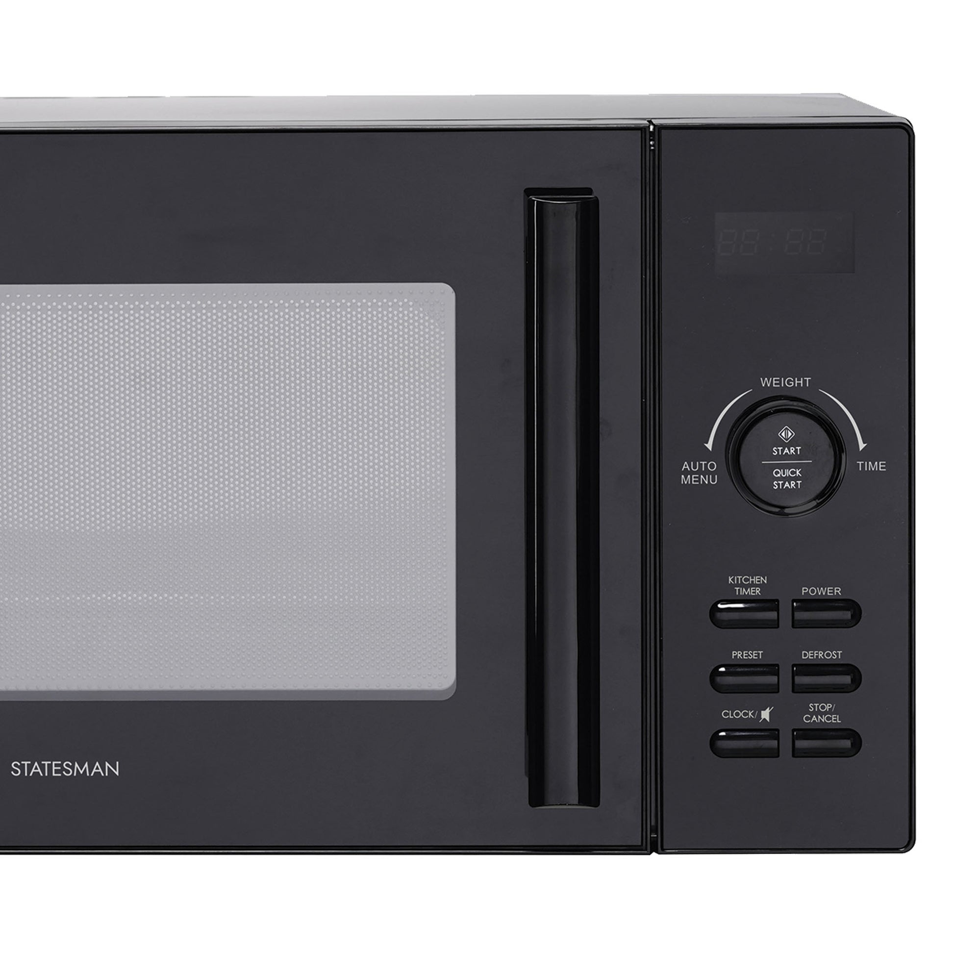 The Statesman Digital Microwave, 23 Litre 900W in black, features a glass door, vertical handle, digital display, and control panel with buttons for auto menu, power, preset, defrost, clock, stop/cancel and start/quick start.